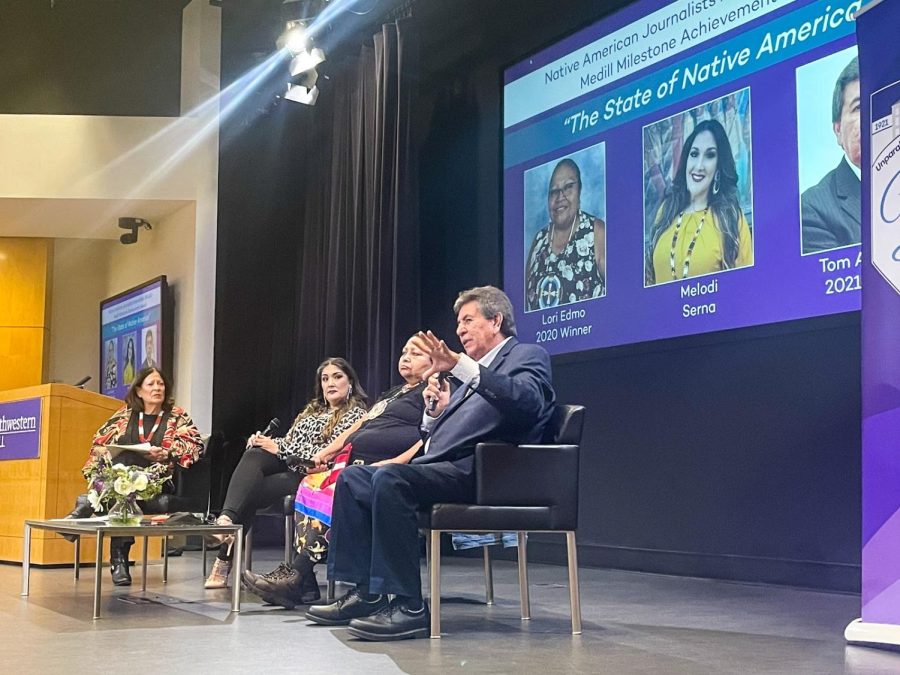 Medill Prof. Patty Loew moderated the panel, which featured the past two winners of the annual Native American Journalists Association-Medill Milestone Achievement Award.