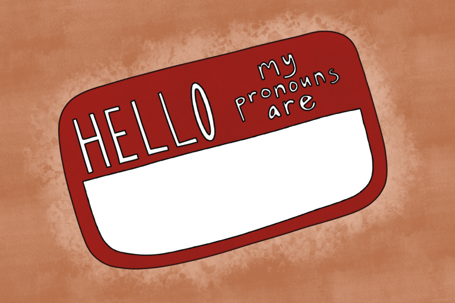 A red and white name tag appears on an orange background. The name tag reads “Hello my pronouns are.”
