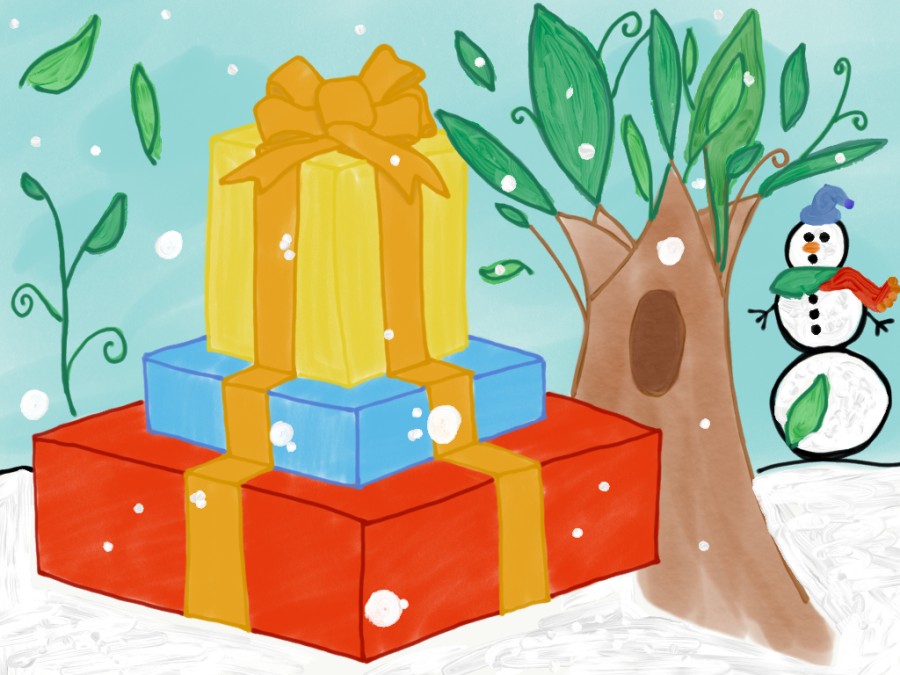 Multicolored holiday gifts sit in a stack on top of snow. To the left is a tree with green leaves. Snowflakes in the shape of round circles fall in the sky. A snowman is pictured to the right of the tree.
