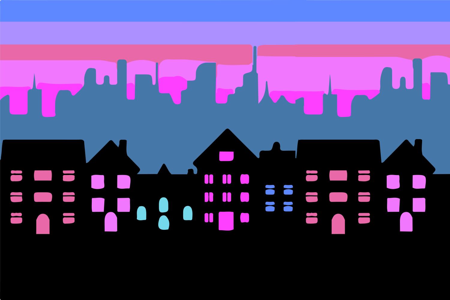 Illustration+of+houses+and+apartment+buildings+with+lit-up+windows+in+pinks+and+blues%2C+set+against+a+pink-and-blue+skyline+of+skyscrapers.