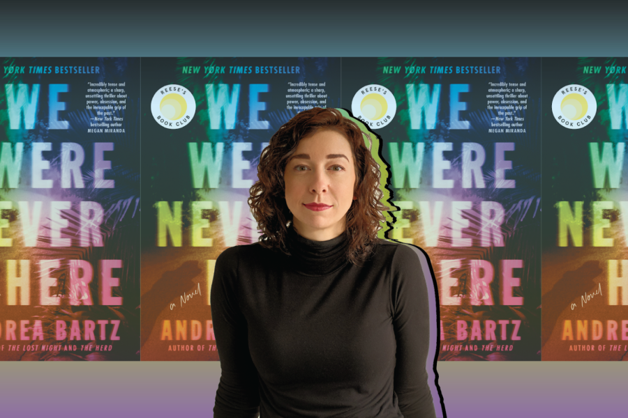 An outline of author Andrea Bartz’s silhouette in front of four copies of her bestselling novel, “We Were Never Here.”