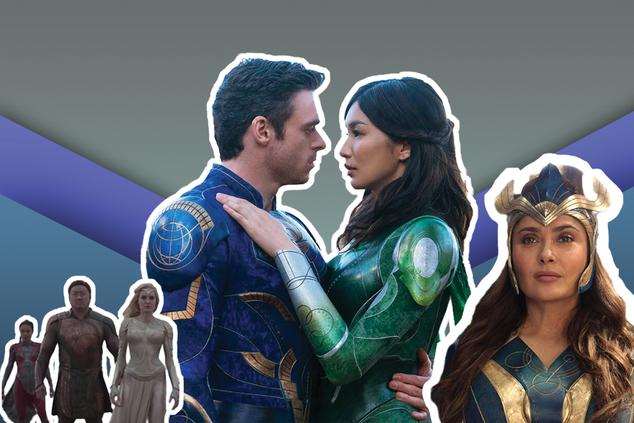 A graphic of six of the Eternals with two of the main ones, played by Richard Madden and Gemma Chan, dressed in their signature blue and green respectively, blown up in the middle.