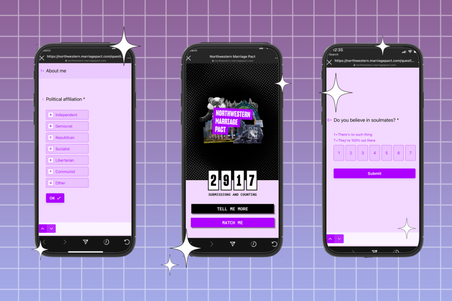 Three phones displaying screenshots of the Marriage Pact submission form. The screenshots are purple with purple and white text. Behind the phones is a white grid background and in front of the phones are white sparkles.