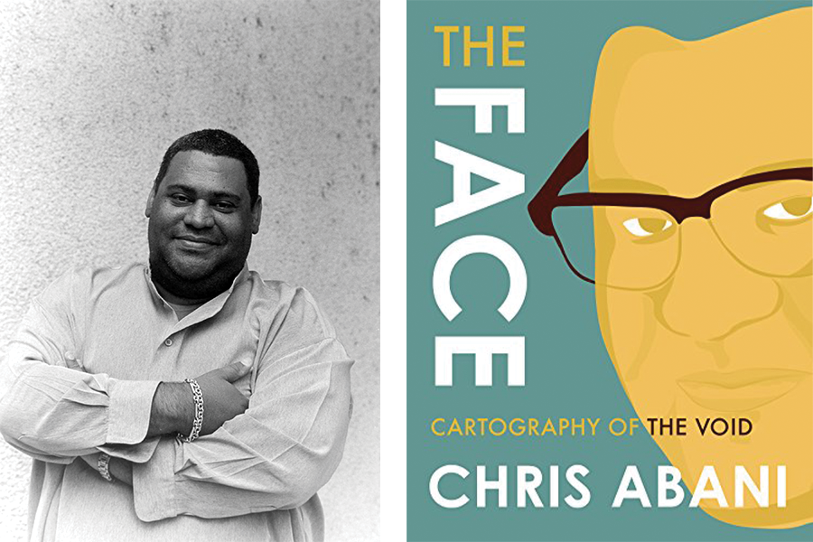 An image of author Chris Abani next to a cover of his book, “The Face: Cartography of the Void.”