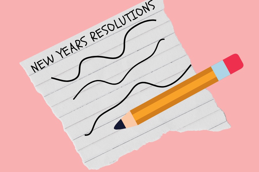 An illustration of a pencil writing on a piece of paper reading “New Year’s Resolutions” at the top.