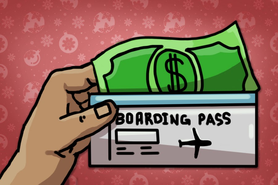 A hand holds a boarding pass and dollar bill.