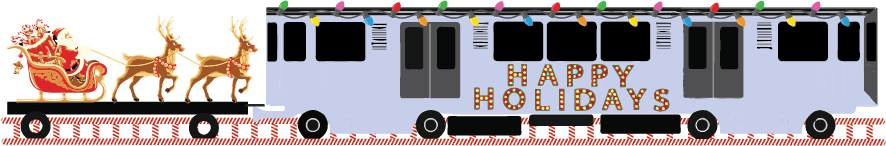 The image depicts the “L” train covered with holiday lights and “Happy Holidays” displayed on the side. The train rides a candy cane track. Santa rides his sleigh with reindeer on an open-air train car.