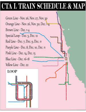 The image depicts the schedule with dates and train lines that the Holiday “L” is running this year. The image also shows a loose map of the train’s lines, including the Loop.