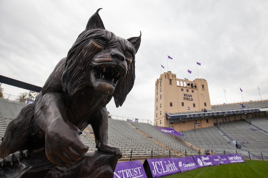 Wildcat statue in front of brown-painted stadium