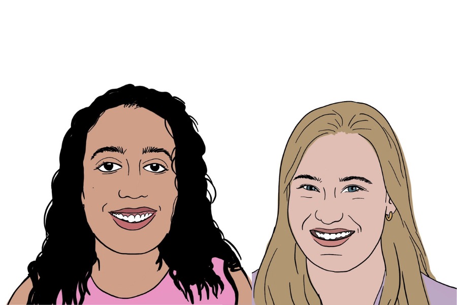Editors Haley Fuller and Isabelle Sarraf. Isabelle has black curly hair and is wearing a pink shirt, and Haley has straight blonde hair and is wearing a lavender shirt.