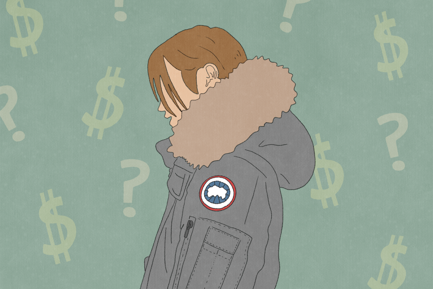 A+drawing+of+someone+wears+a+winter+coat+with+a+white+and+red+logo+on+the+sleeve.+They+stand+in+front+of+a+green+background+accented+with+question+marks+and+dollar+signs.