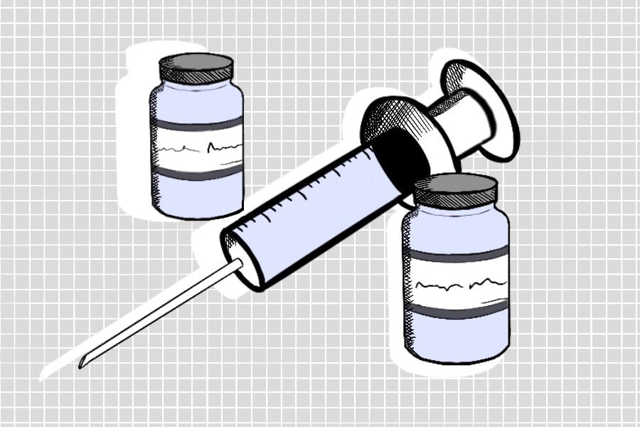 A vaccine needle is surrounded by two bottles on a gray grid background.