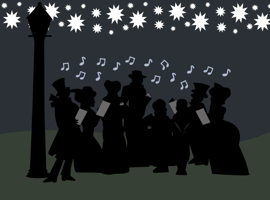 Silhouettes of carolers stand next to a light post with snowflakes falling from the sky above them.