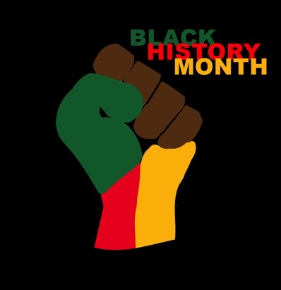 A fist with the Black History Month colors red, yellow and green and the words “Black History Month” in those colors as well.