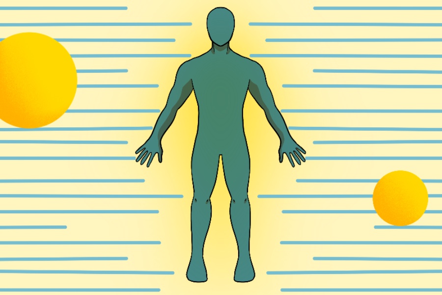 A deep teal body diagram with a yellow and green background.