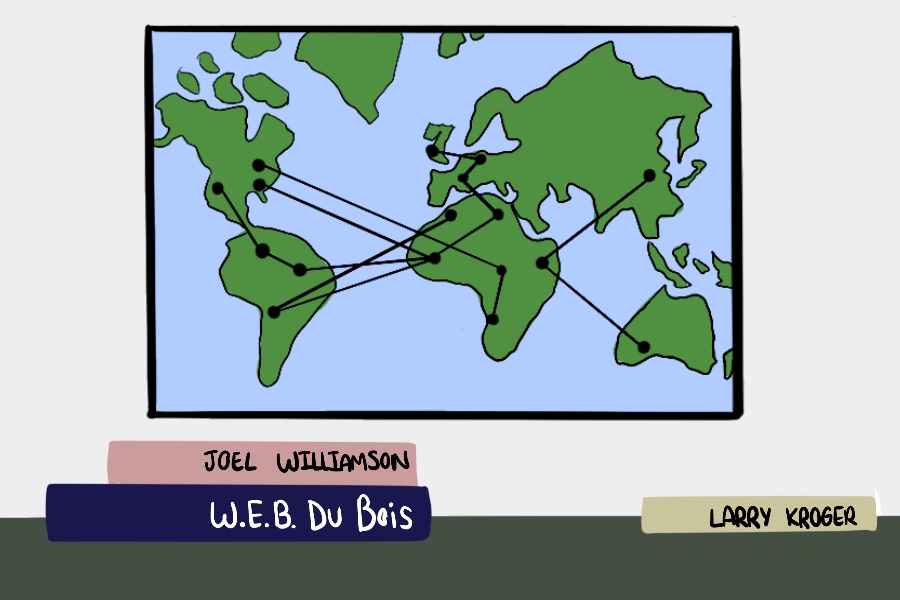 A green world map with black threads running across it in a file folder. The names on the file folder read “Joe Williamson, Larry Kroger, and W.E.B. DuBois.”