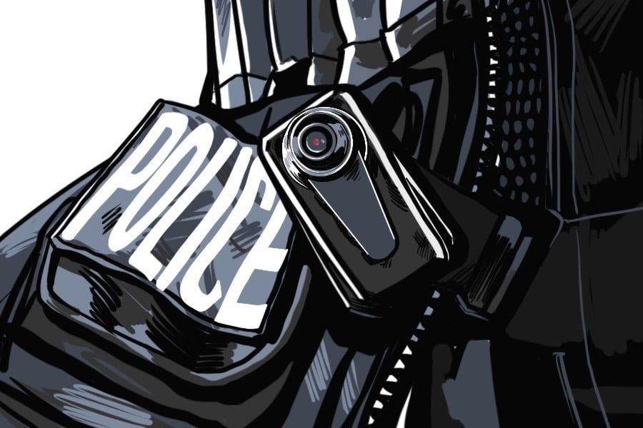 An illustrated police-worn body camera on an officer’s uniform adjacent to white bolded letters that read “police.”