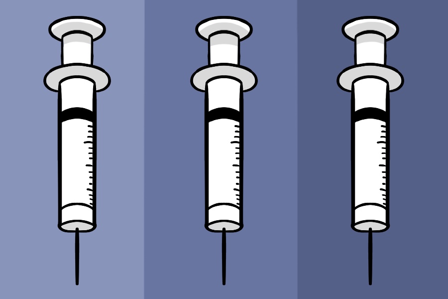 Three+vaccine+needles+vertically+oriented+in+a+row+with+a+blue+background+behind+each.