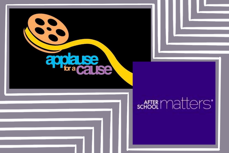 Applause+for+a+Cause+and+After+School+Matters+logos+against+a+purple+background+with+white+stripes.