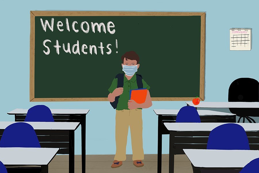 Illustration of chalkboard with “Welcome Students” written on it and a masked cartoon boy standing in front of the classroom facing a room with no students.