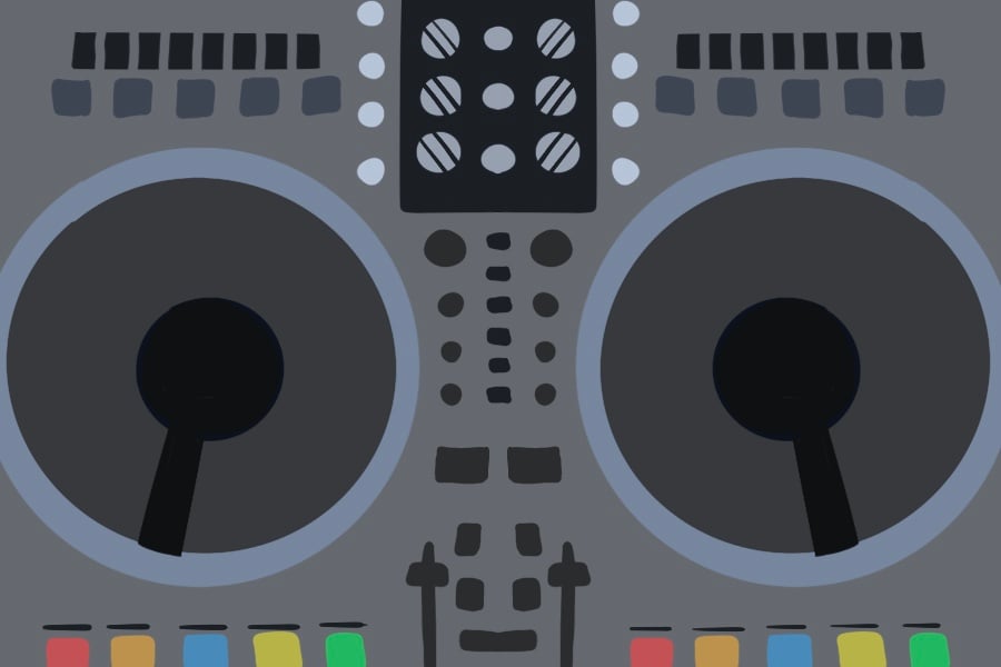 An illustration of a DJ’s mixing table with various controls and two large record spinners. Most of the image is gray.