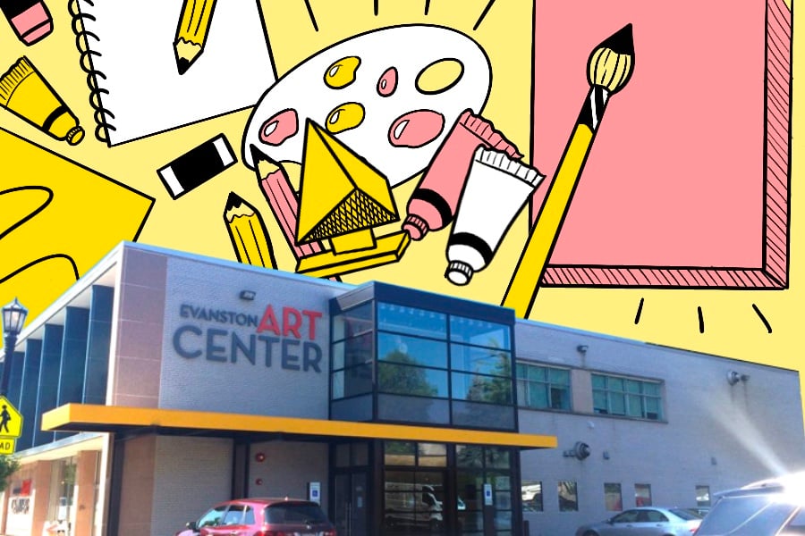 A photo of the outside of the Evanston Arts Center. The background of the photo has been replaced with a yellow background and drawings of painting and drawing supplies in shades of white, yellow and pink.