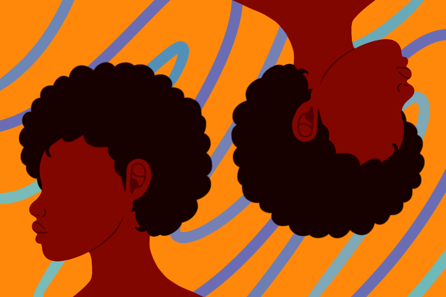 The illustration shows two identical Black women with curly hair facing away from each other. One is upside-down and the other is right-side up. They are set against a swirly orange, blue and purple background.