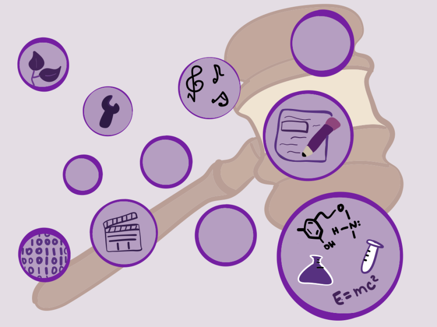 An illustration of a brown gavel with different logos in dark purple representing film, science, art and music with a light purple background.