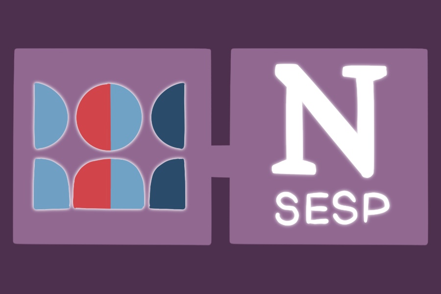 An illustration of the Indivisible Northwestern logo and the NU SESP logo is connected over a purple background.