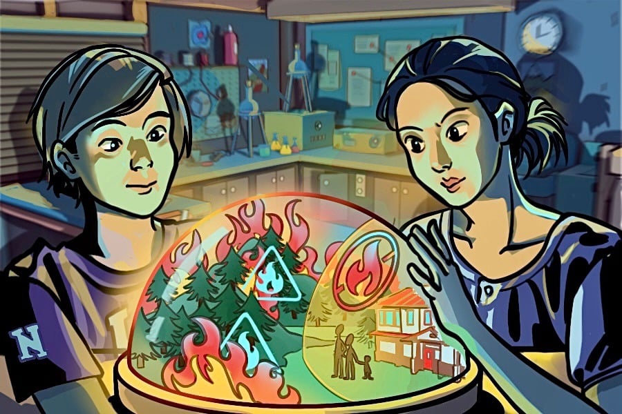 Two people in a laboratory hold a glass dome containing a model of a forest fire and a house with people in front of it surrounded by a protective layer with a crossed-out fire symbol.