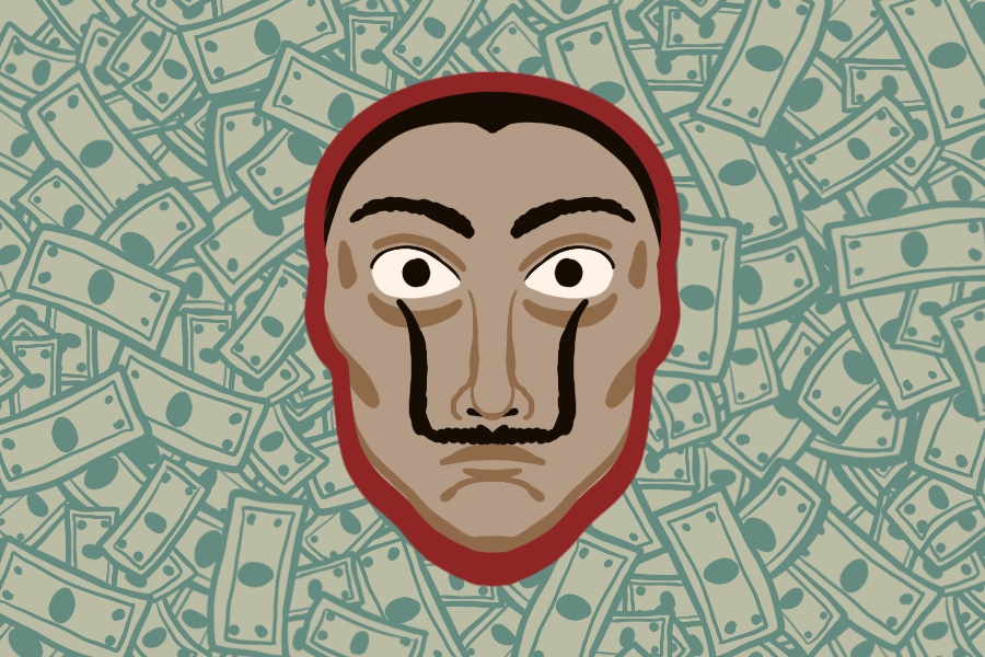 “Money Heist” iconic mask depicting a mustachioed man in the middle, with layers of cash in the background.