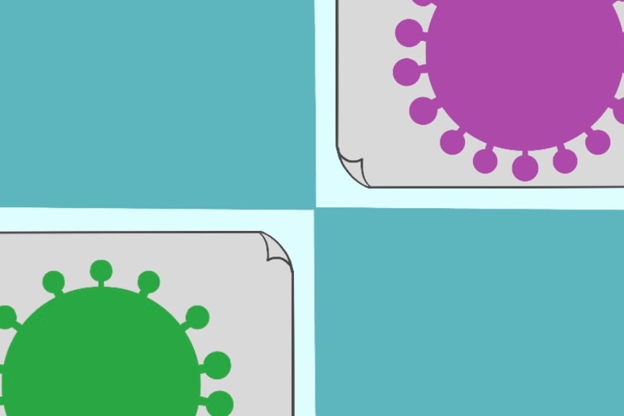 Screen quartered, top left square and bottom right square are aqua blue. The other two corners feature gray pieces of paper. The top right square features a purple virus and the bottom left square features a green virus.