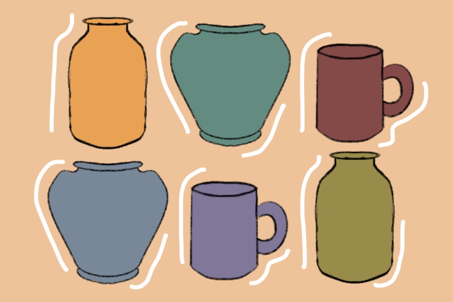 Six+pottery+vases+ranging+in+size+and+shape.+From+left+to+right%2C+top+to+bottom+colors%3A+yellow%2C+aqua%2C+burgundy%2C+blue%2C+purple%2C+olive+green.+Each+vase+has+a+white+line+slightly+framing+it.