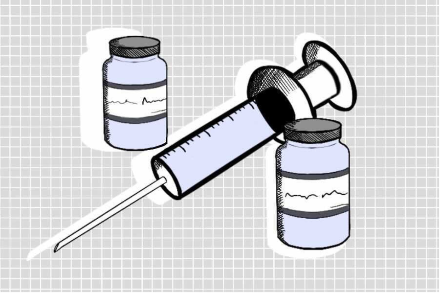 Illustration+of+pale-blue+and+gray+vaccine+bottles+and+needle+in+front+of+a+gray-and-white+grid+background.