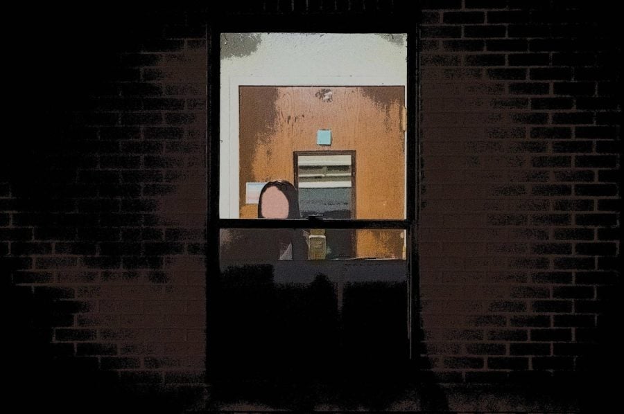 A person at a computer in a window surrounded by brick walls.