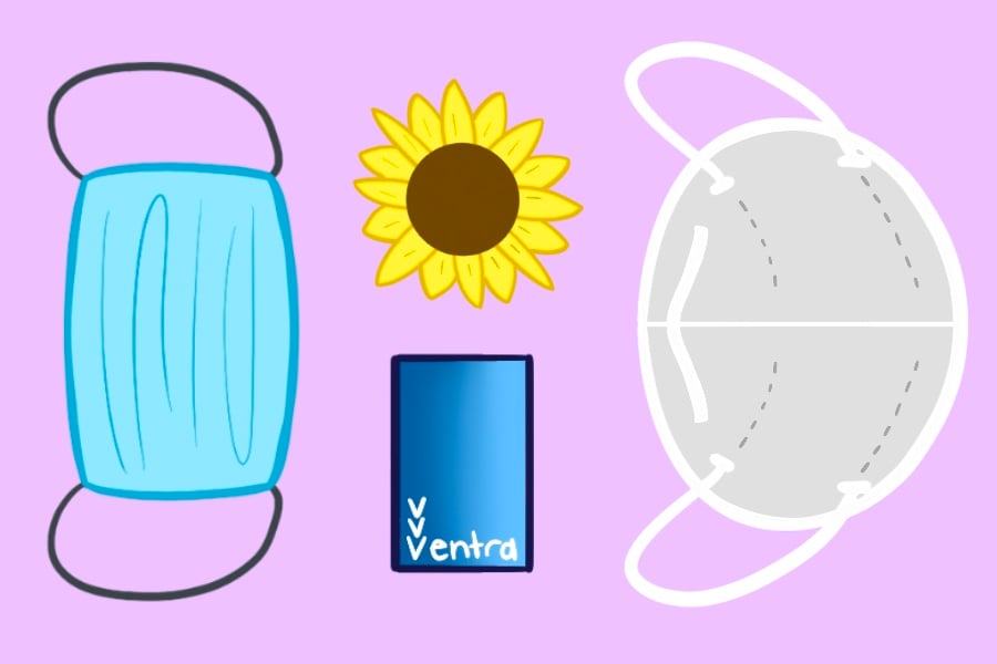 A surgical mask, a sunflower, a ventra card and an N95 mask on a lavender background.