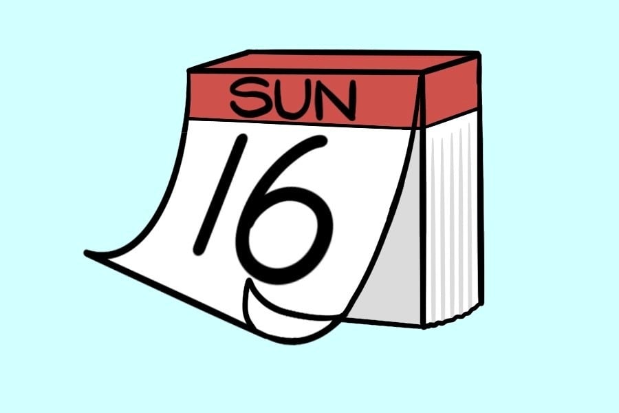 A white and red calendar on a teal background. The calendar has the number “16” and the letters “SUN” written in Black.