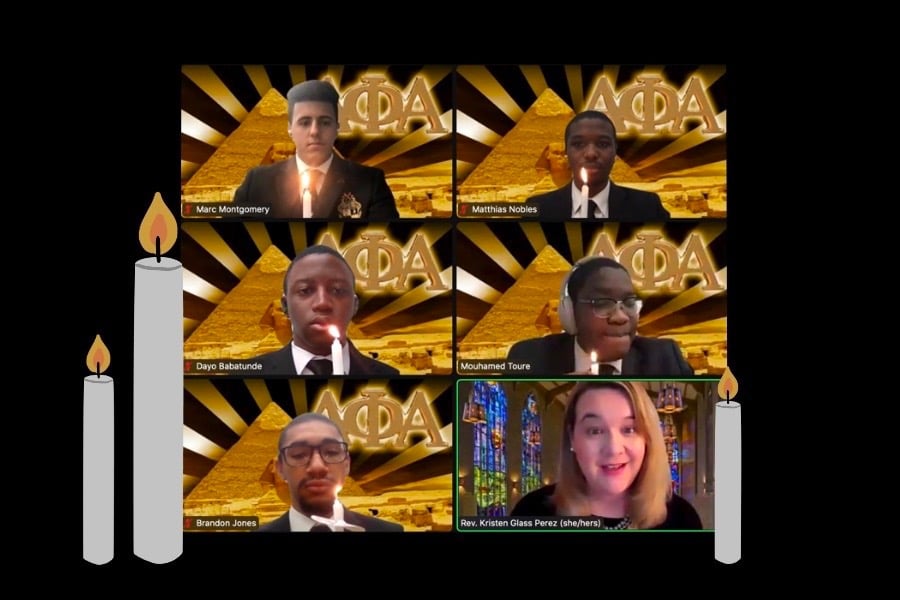 Zoom screen featuring five Alpha Phi Alpha members each holding a tall, lit candle. Rev. Kristen Perez is on the bottom right, leading the vigil. The photo is bordered with three candlesticks.