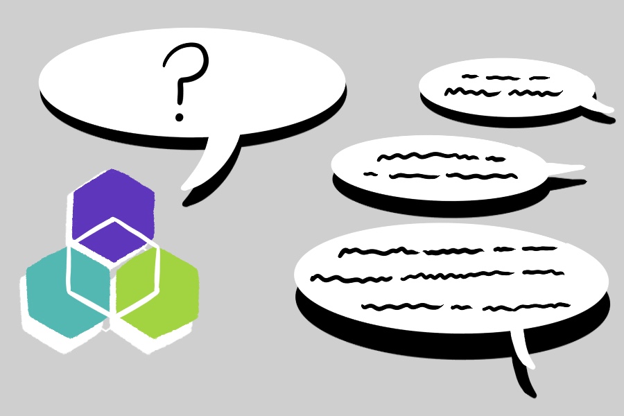 The symbol for ASG (three hexagons, one purple, one green and one teal) with an attached talking blurb with a question mark to the left of three talking blurbs with ambiguous writing.