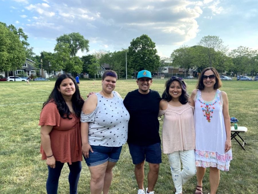 Some of Evanston Latinos’ board members standing outside together. From left to right: Stephanie Mendoza, Chandra Palmer, Jesus Vega, Rebeca Mendoza, and Dolores Ayala.