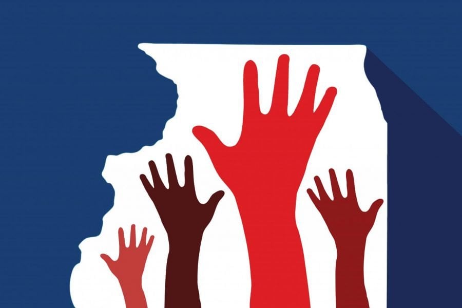 A white outline of Illinois is superimposed on a blue background. Four hands in shades of red are reaching up from the bottom of the state toward the top.