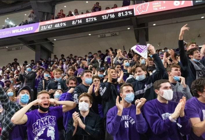 Northwestern’s student section against Wisconsin. Northwestern Wildside sent a letter to the Big Ten on Jan. 4 asking Big Ten Plus to be made free for all students.