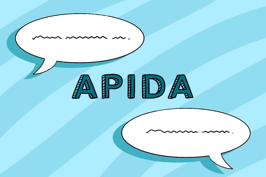 Two speech bubbles with squiggles around the word “APIDA” on a blue, striped background.