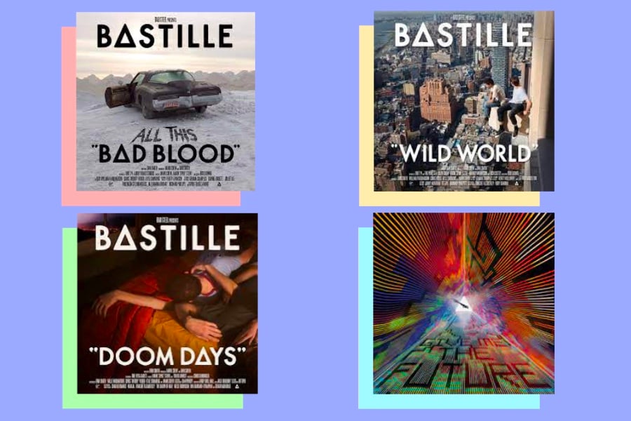 Bastille%E2%80%99s+four+studio+album+covers+are+placed+against+a+light+blue+background.