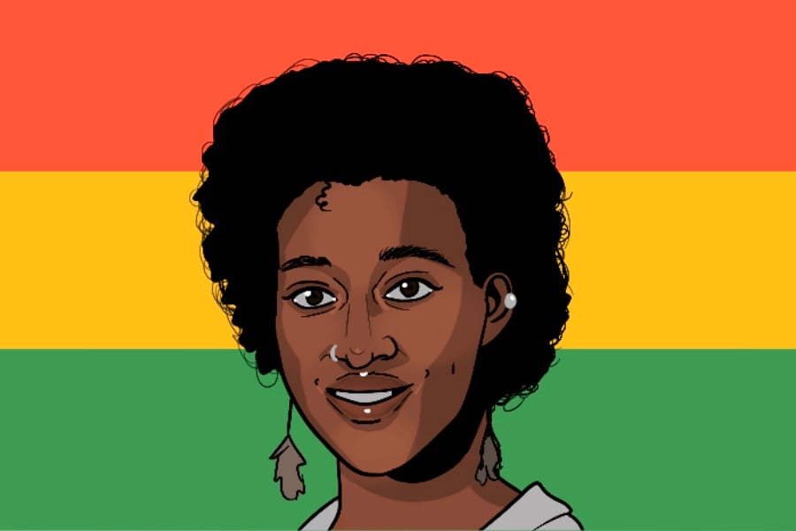 Image of Ayanna Legros’ face against the Haitian flag.