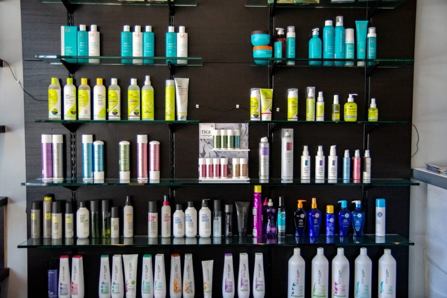 Shelves of hair products at Ergo Salon.
