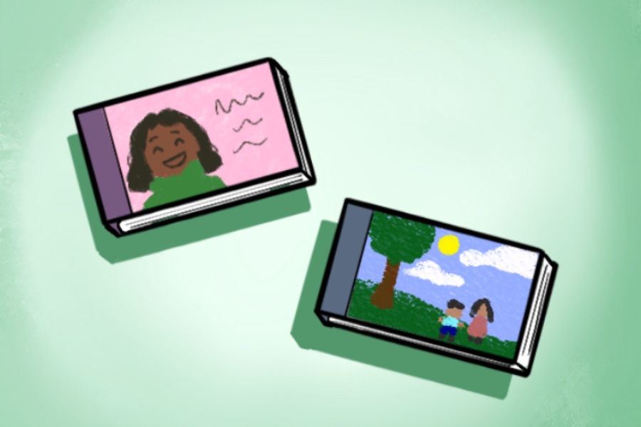 This is an illustration of two children’s picture books. The one on the left features a little girl with brown skin and black hair. The girl is smiling. The one on the right features two children holding hands near a tree, under a bright blue sky.