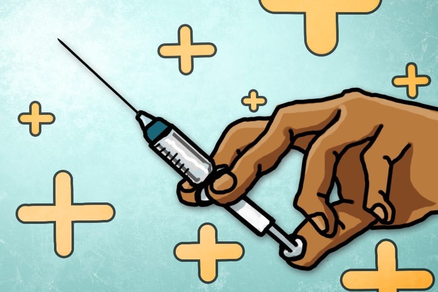 A hand is holding a vaccine needle amid a blue background with floating yellow plus signs.