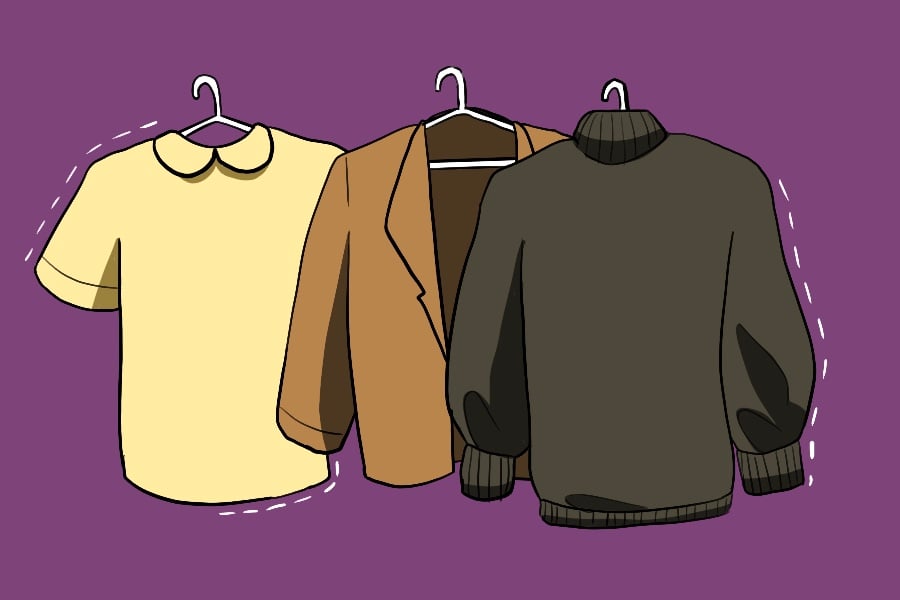 Three clothing items side by side. The shirt on the left is beige, the blazer in the middle is brown, and the turtleneck top on the right is black.