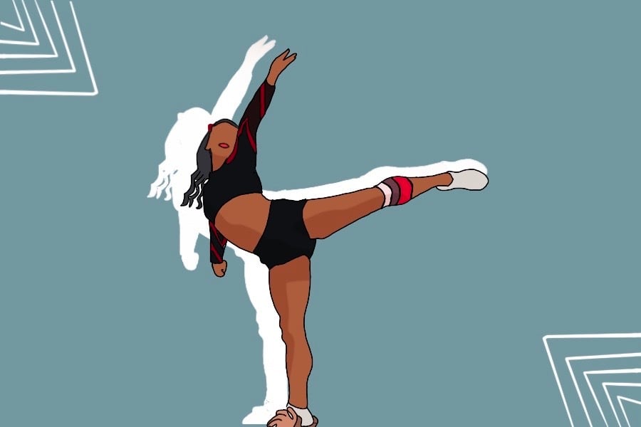 An illustration of a cheerleader posing in uniform over a blue background.
